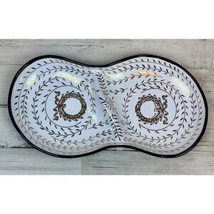 MCM White & Gold On Black Glass Emily Troy Designs Divided Kidney Dish 10"